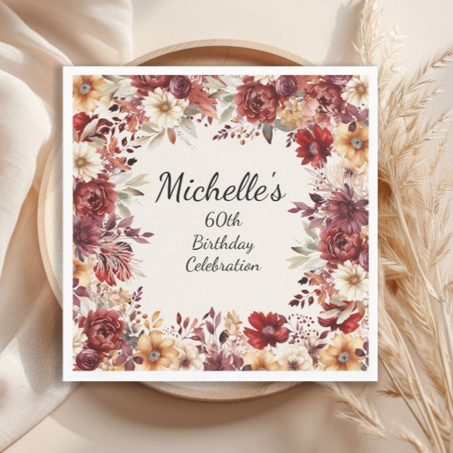 Burgundy Cream Watercolor Floral 60th Birthday Napkin (Burgundy and cream floral birthday party paper napkin)