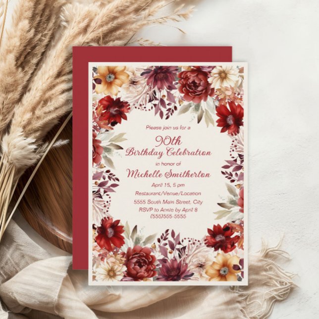 Burgundy Cream Watercolor Floral 90th Birthday Invitation (Burgundy and cream floral 90th birthday invitation)