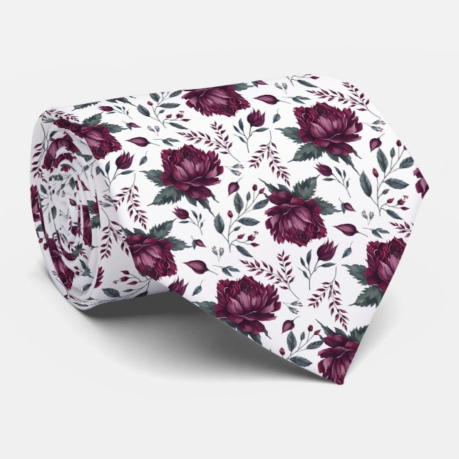 Burgundy Cream Watercolor Floral Tie (Rolled)