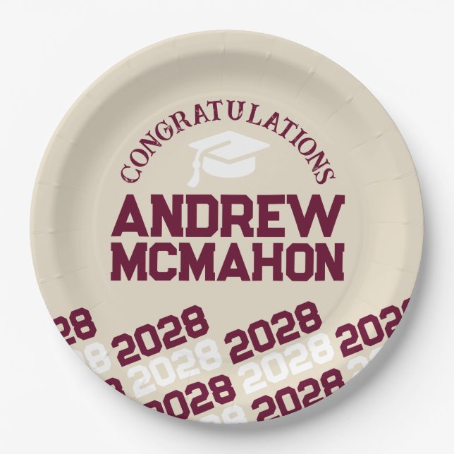 Burgundy, Cream & White Personalised Graduation Paper Plate (Front)