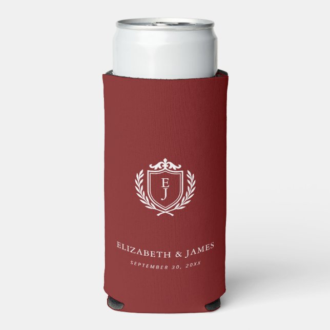 Burgundy Crest Wedding Custom Initials Seltzer Can Cooler (Seltzer Front)