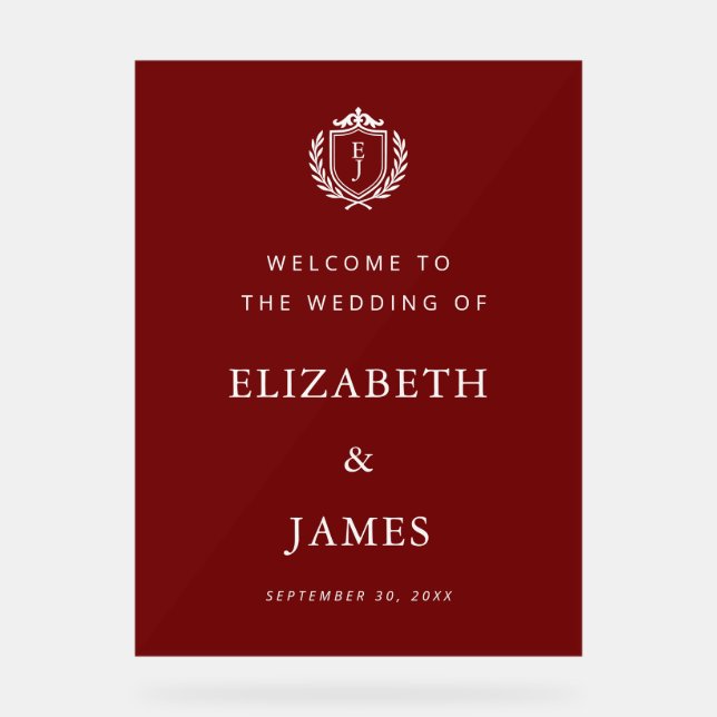 Burgundy Crest Wedding Welcome, Custom Initials Acrylic Sign (Front)