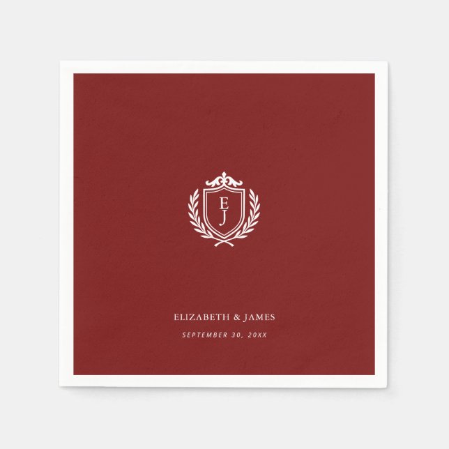 Burgundy Crest Wedding Welcome, Custom Initials Napkin (Front)