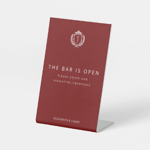 Burgundy Crest Wedding Welcome, Custom Initials Pedestal Sign