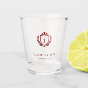 Burgundy Crest Wedding Welcome, Custom Initials Shot Glass