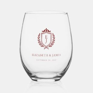 Burgundy Crest Wedding Welcome, Custom Initials Stemless Wine Glass