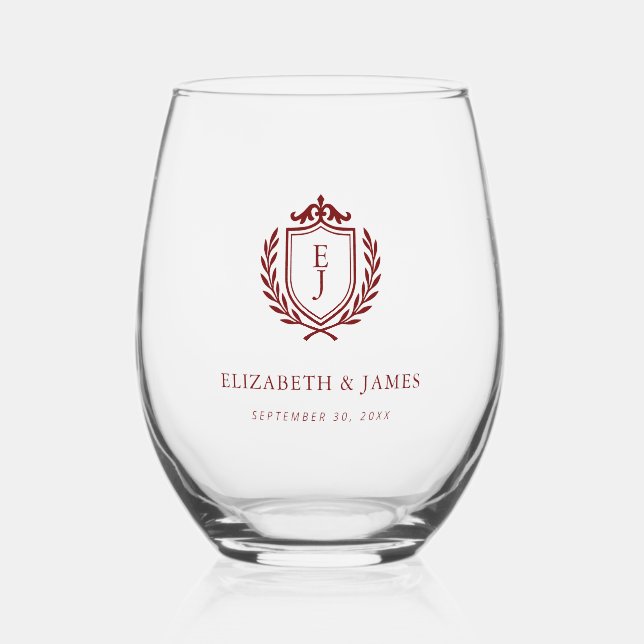 Burgundy Crest Wedding Welcome, Custom Initials Stemless Wine Glass (Back)