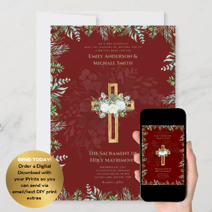 Burgundy Cross Catholic Nuptial Mass Wedding Invitation