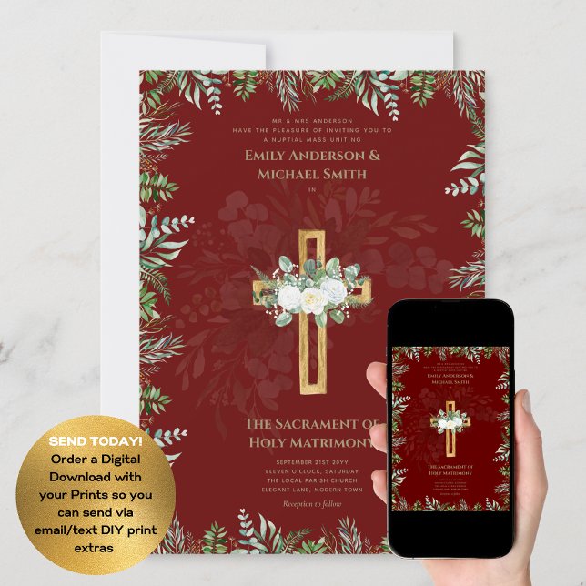 Burgundy Cross Catholic Nuptial Mass Wedding Invitation (Creator Uploaded)