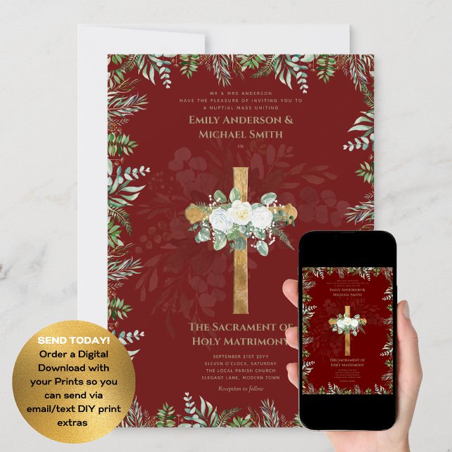 Burgundy Cross Catholic Nuptial Mass Wedding Invitation (Creator Uploaded)