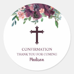 Burgundy Cross Floral Confirmation Thank You Classic Round Sticker