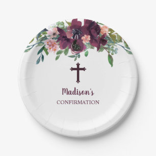 Burgundy Cross Floral Watercolor Confirmation Paper Plate