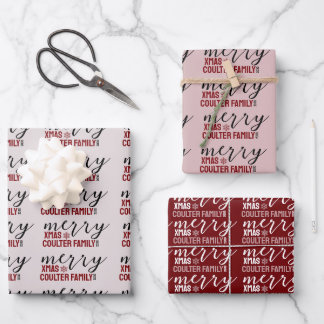 Burgundy cursive Christmas text name year snowflak Wrapping Paper Sheet
