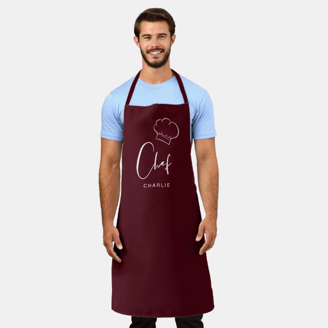 Burgundy cute hat and script personalised chef apron (Worn)