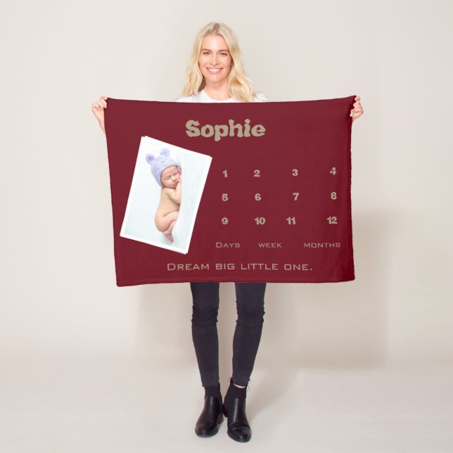 Burgundy Cute Photo Milestone Personalised Baby  Fleece Blanket (In Situ)