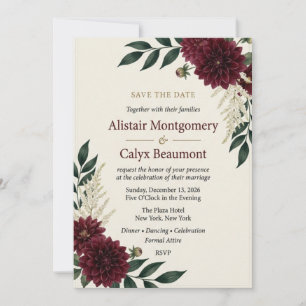 Burgundy Dahlia & Astilbe Botanical Elegant Save Invitation