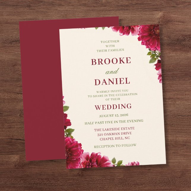 Burgundy Dahlia Corner Bloom Wedding Invitation (Creator Uploaded)