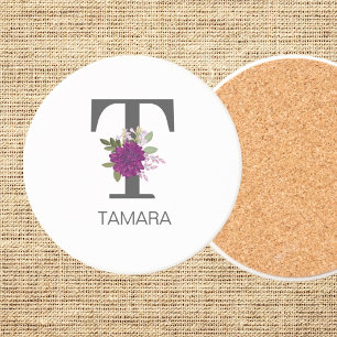 Burgundy Dahlia Floral Alphabet Letter Monogram   Coaster
