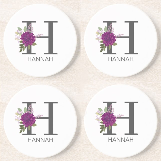 Burgundy Dahlia Floral Alphabet Letter Monogram   Coaster (Creator Uploaded)