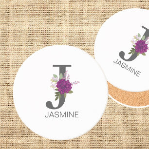 Burgundy Dahlia Floral Alphabet Letter Monogram Coaster