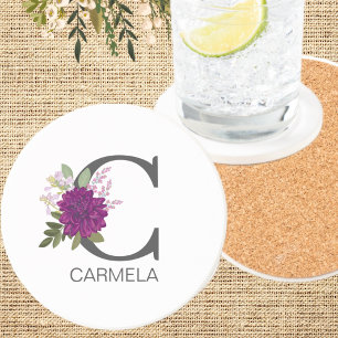 Burgundy Dahlia Floral Alphabet Letter Monogram O Coaster