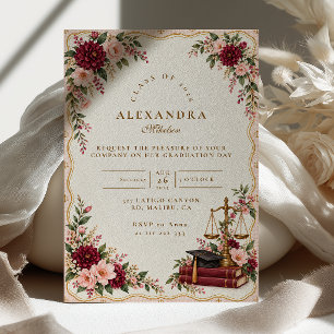 Burgundy Dahlia Floral Law School Graduation Invitation