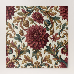 Burgundy Dahlia Golden Acorn Baroque Floral Jigsaw Puzzle