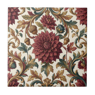 Burgundy Dahlia Golden Acorn Baroque Floral Tile