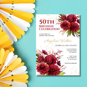 Burgundy Dahlia Rose Floral Gold Glitter Birthday Invitation