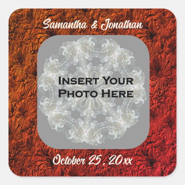 Burgundy Daisies Floral Personalised Wedding Photo Square Sticker (Front)
