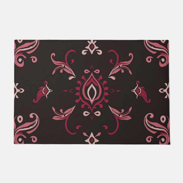 Burgundy Damask Floral Ornament Pattern Doormat (Front)