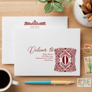 Burgundy Damask Initial O Modern Envelope
