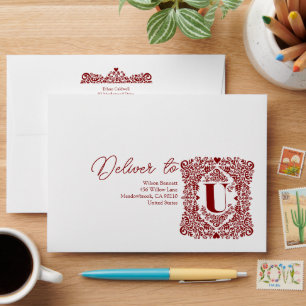 Burgundy Damask Modern Letter U Envelope
