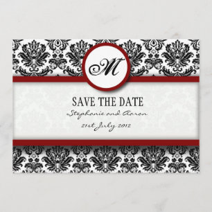 Burgundy Damask Monogram Save The Date Card