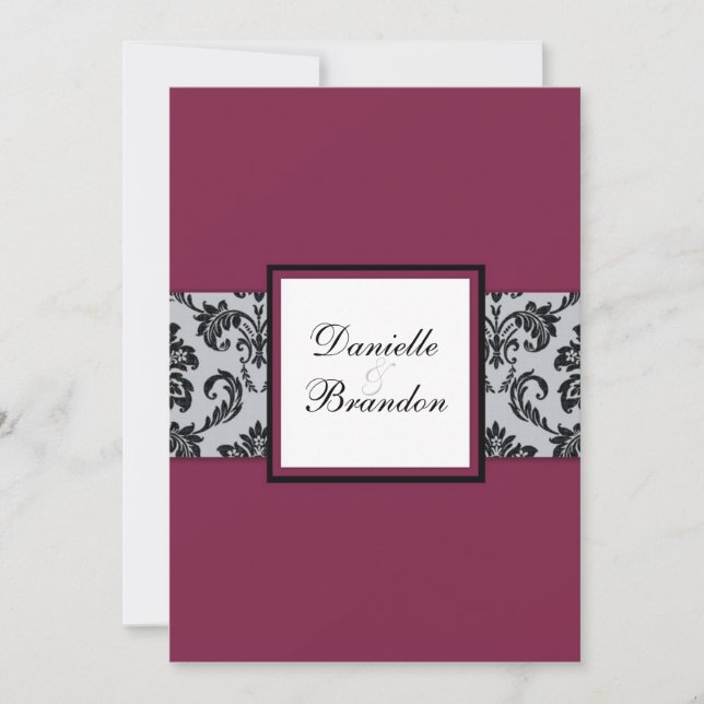 Burgundy Damask Monogram Wedding Invitation (Front)