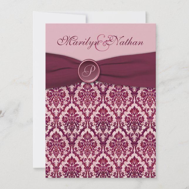 Burgundy Damask Monogrammed Wedding Invitation (Front)