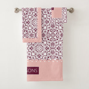 Burgundy damask pattern, blush scalloped borders bath towel set