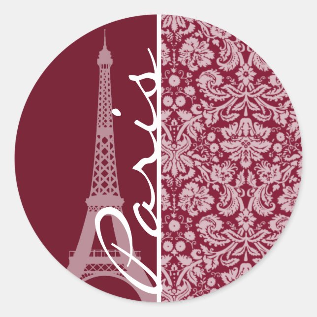 Burgundy Damask Pattern; Paris Classic Round Sticker (Front)