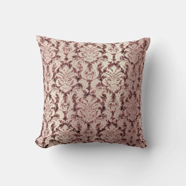 Burgundy Damask Pink Rose Gold Blush Sequin Pearl Cushion (Front)