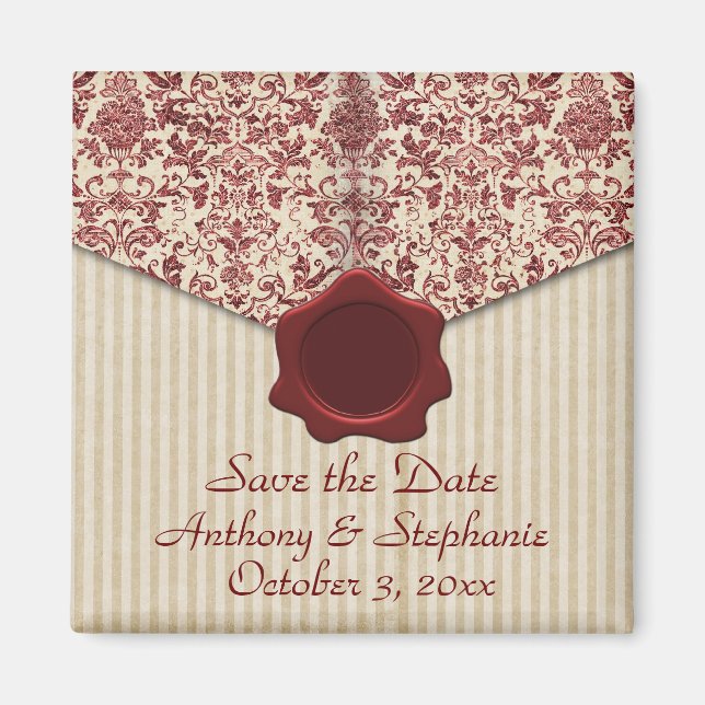 Burgundy Damask Save the Date Magnet (Front)