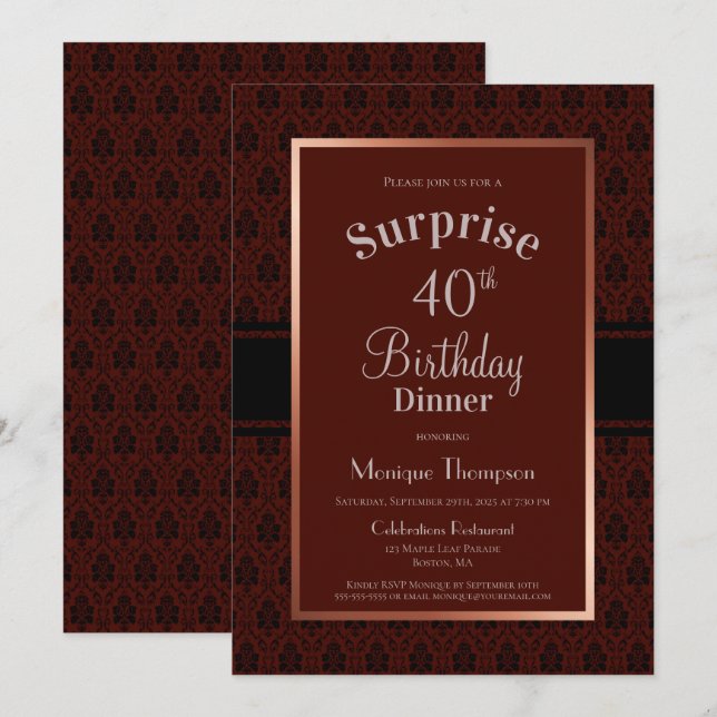 Burgundy Damask Surprise 40th Birthday Dinner Invitation (Front/Back)