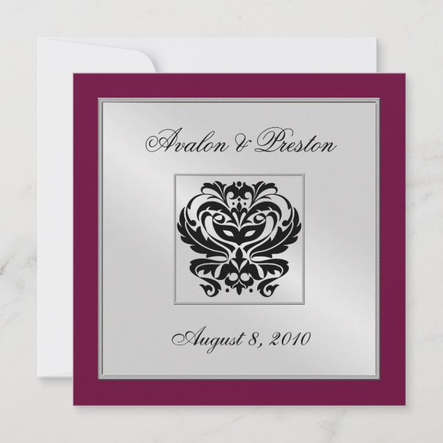 Burgundy Damask Wedding Crest Invitation (Front)