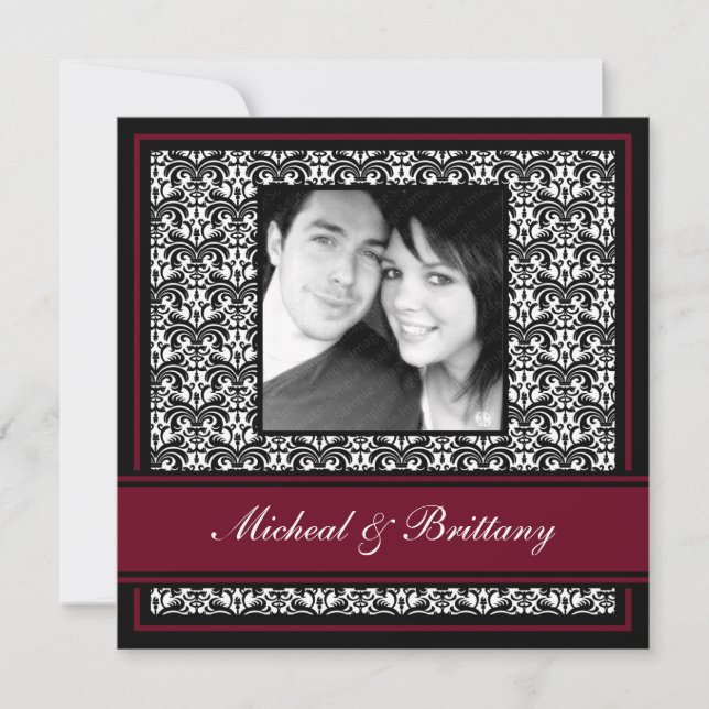 Burgundy Damask Wedding Engagement Announcement (Front)