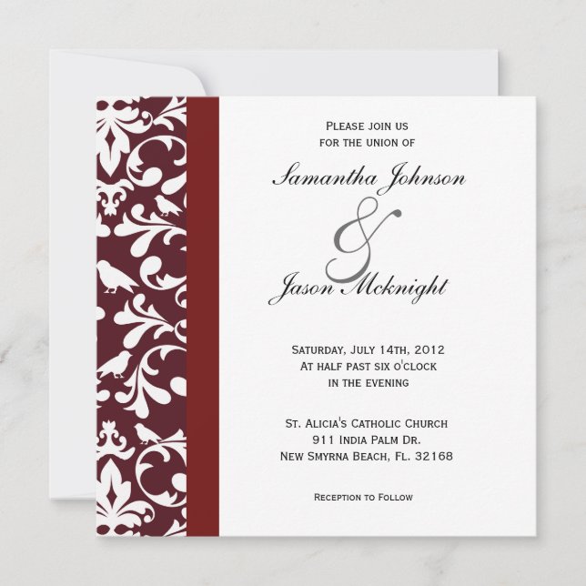 Burgundy damask wedding invite (Front)