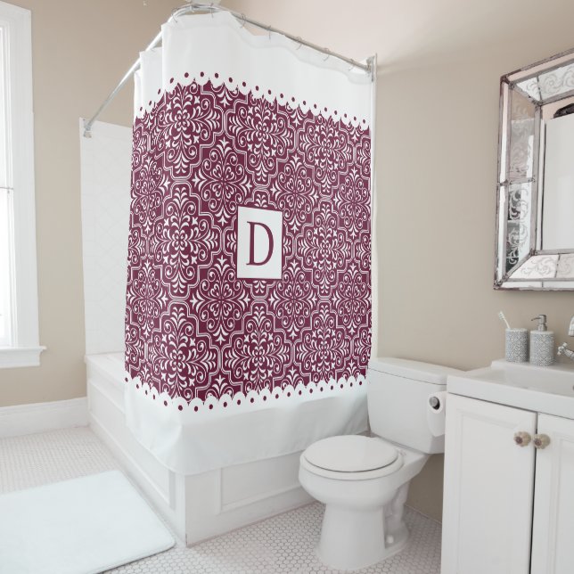 Burgundy damask, white scalloped borders monogram shower curtain (In Situ)