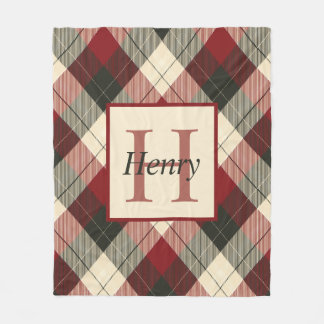 Burgundy, Dark Grey and Tan Plaid Personalised Fleece Blanket