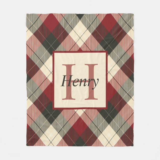 Burgundy, Dark Grey and Tan Plaid Personalised Fleece Blanket (Front)