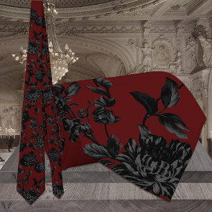 Burgundy Dark Red & Black Floral Wedding Tie