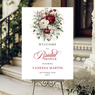 Burgundy Deep Red Floral Bridal Shower Welcome Poster