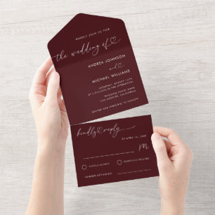Burgundy Deep Red Heart Script Minimalist Wedding All In One Invitation
